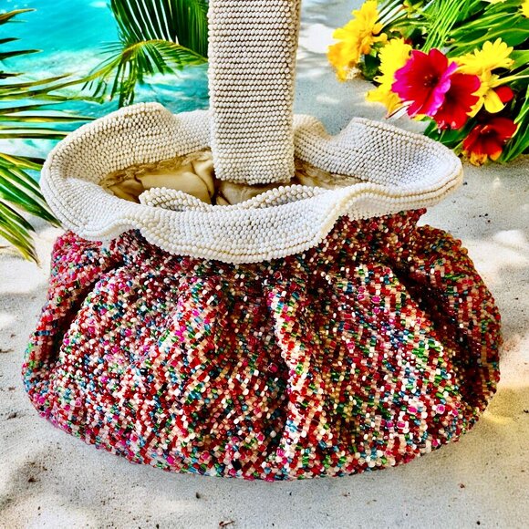 Vintage BEADED Drawstring Wrist Pouch Bag Flapper Art Deco Small - Picture 2 of 13